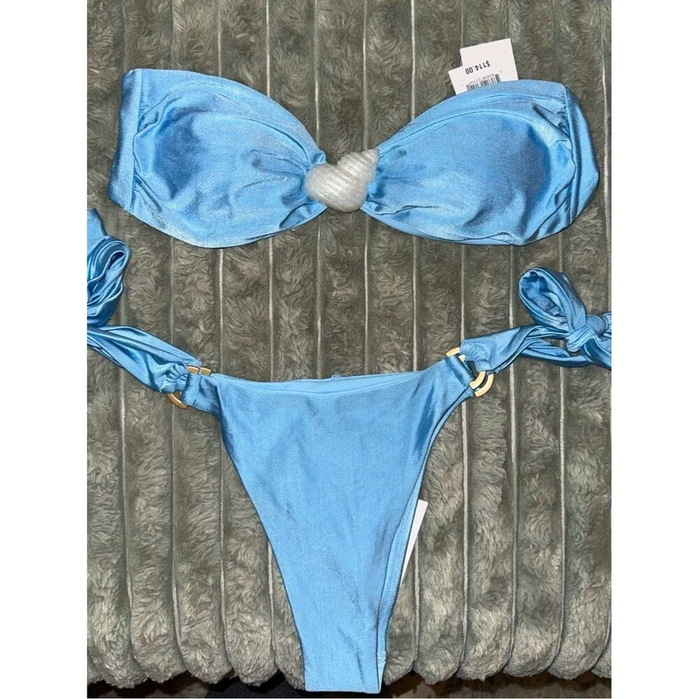 l*space Sky Blue Bandeau Bikini Top with seashell & gold metal D ring bottom M